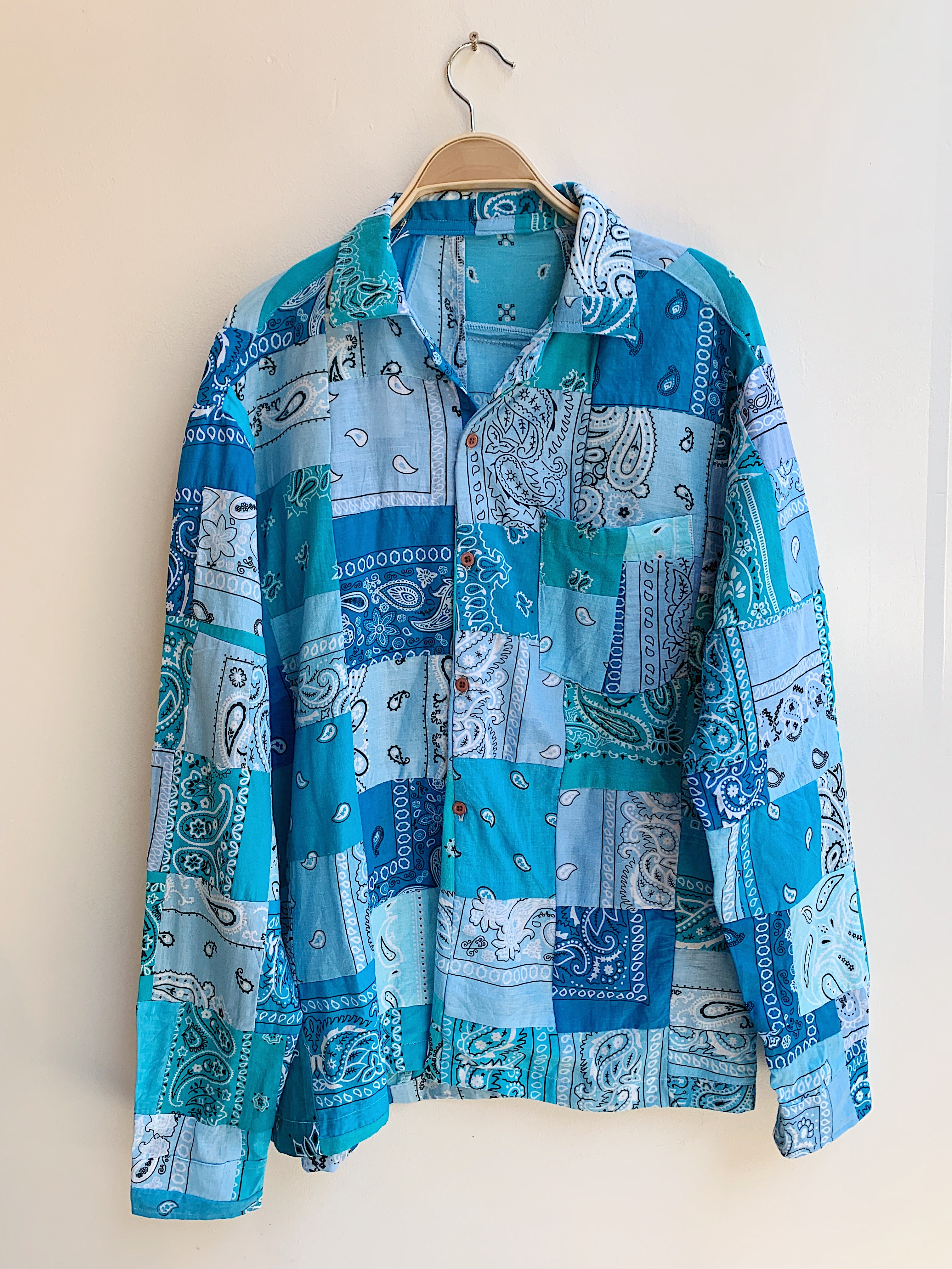 Square Patchwork Long Sleeve Bandana Shirt - Blue – November 19 Shop