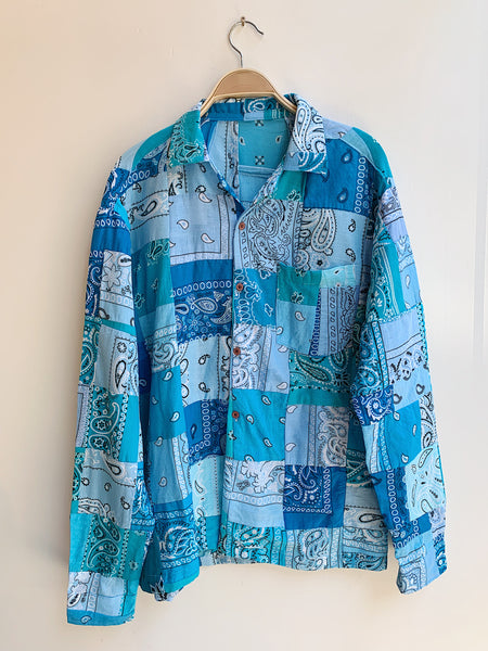 Square Patchwork Long Sleeve Bandana Shirt - Blue