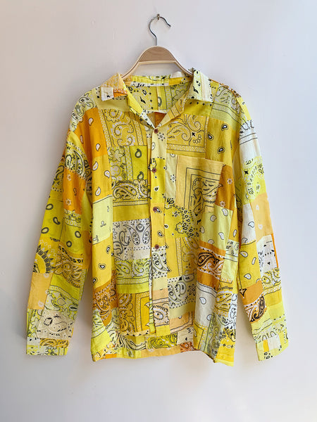 Square Patchwork Long Sleeve Bandana Shirt - Yellow